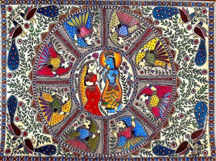 Krishna~Raas Madhubani Painting